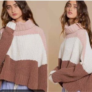 POL sweater: cowl turtleneck, chenille, blush pink, cream and chocolate brown.